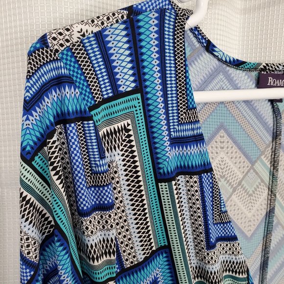 Roaman's Plus Size 24W Dress Geometric Tile Stretch Faux Wrap Pullover Midi Blue - Picture 9 of 12